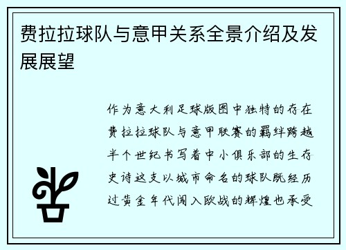 费拉拉球队与意甲关系全景介绍及发展展望