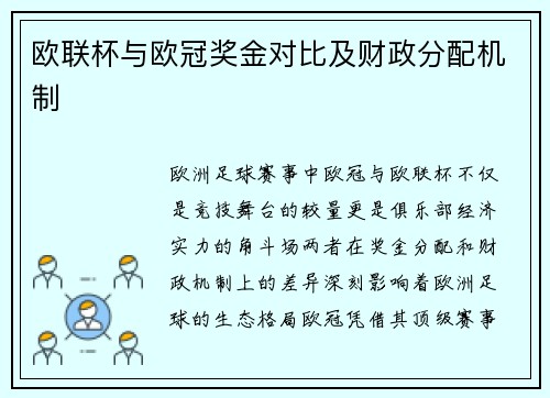 欧联杯与欧冠奖金对比及财政分配机制